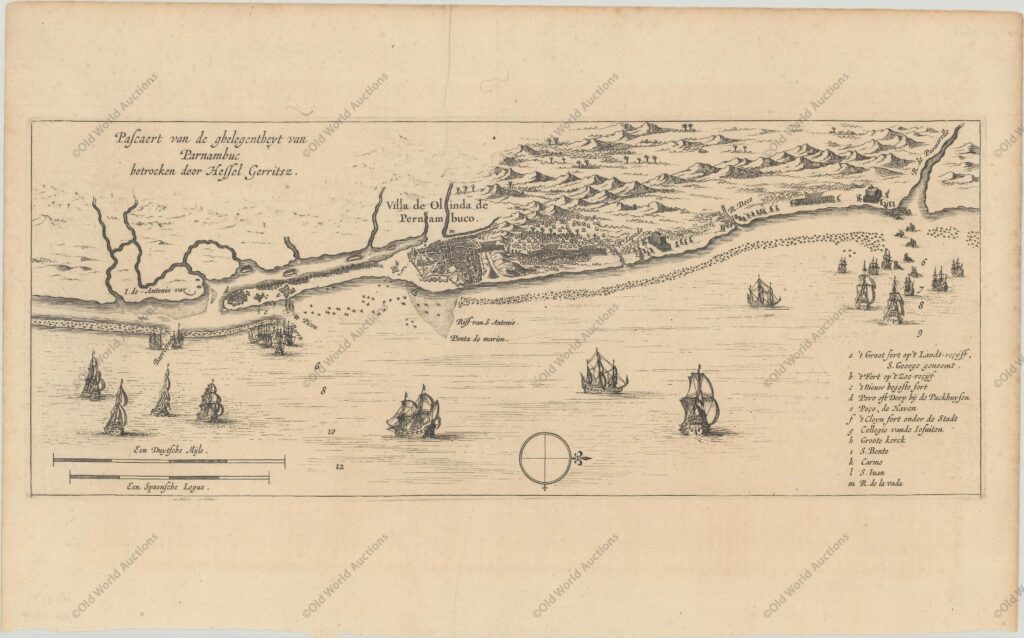 Esta é uma rara e fascinante visão aérea de Olinda e do litoral pernambucano baseada na obra de Hessel Gerritsz, que é creditado no título. Ilustra o ataque e a captura do assentamento português de Olinda por uma frota holandesa sob o comando de Hendrick Corneliszoon Loncq em 1630. Foi publicado na história da Holanda de Emmanuel van Meteren. Esta é uma rara e fascinante visão aérea de Olinda e do litoral pernambucano baseada na obra de Hessel Gerritsz, que é creditado no título. Ilustra o ataque e a captura do assentamento português de Olinda por uma frota holandesa sob o comando de Hendrick Corneliszoon Loncq em 1630. Foi publicado na história da Holanda de Emmanuel van Meteren.