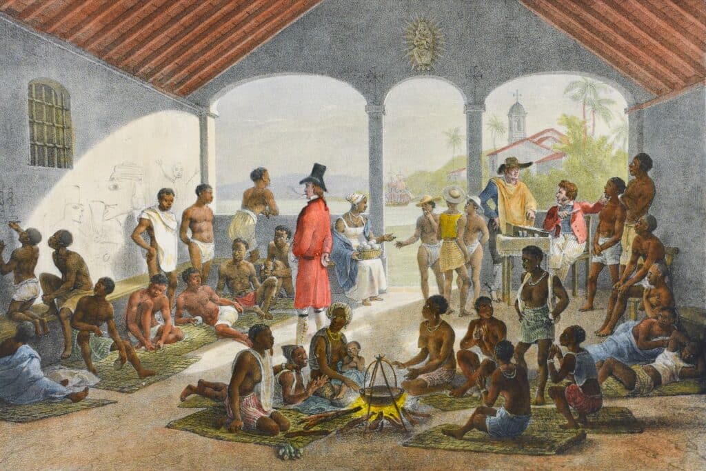 Uma pintura de um mercado de escravos no Brasil português por Jean-Baptiste Debret a partir de uma gravura original do século XIX de Johann Moritz Rugendas. Uma pintura de um mercado de escravos no Brasil português por Jean-Baptiste Debret a partir de uma gravura original do século XIX de Johann Moritz Rugendas.