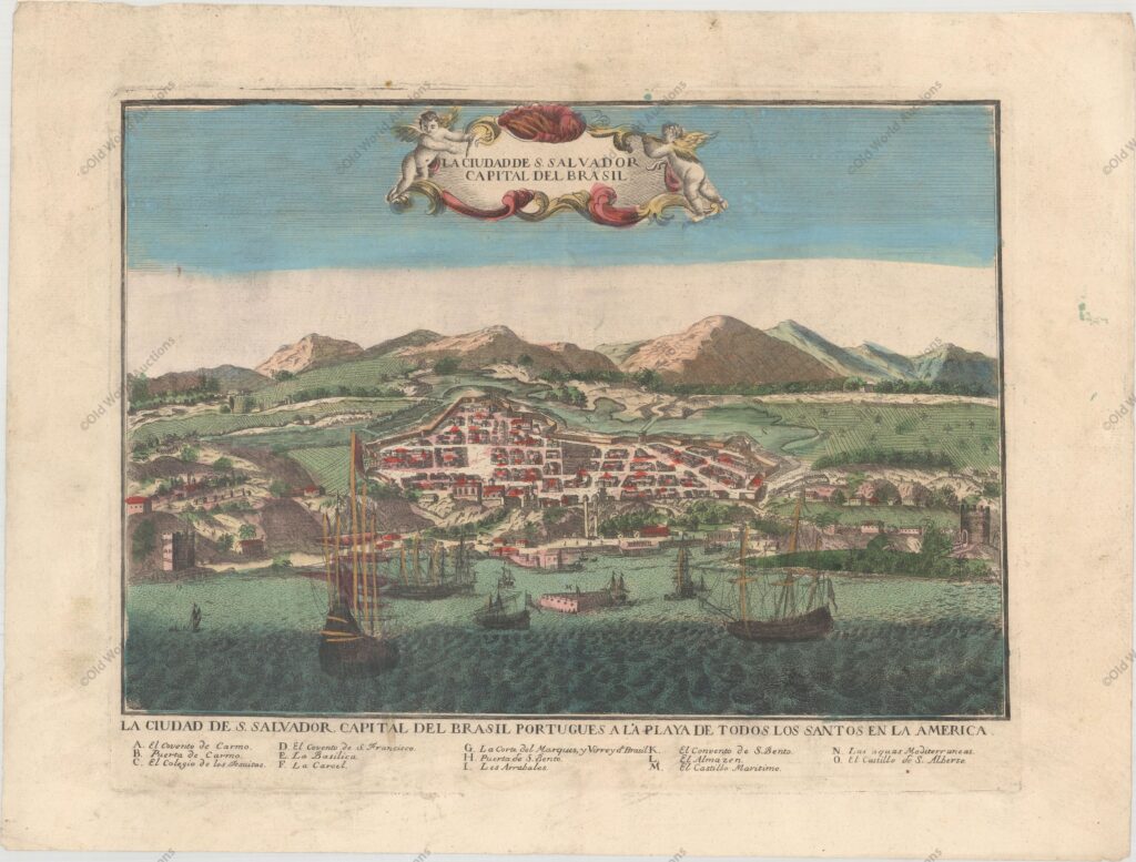 La Ciudade Salvador Capital del Brasil, Anon La Ciudade Salvador Capital del Brasil, AnonSalvador, formerly the capital of Brazil, was a strategic port under Portuguese control. This fine copper engraving shows the walled city of Salvador with ships and boats filling the harbor in the foreground. A lettered key at bottom identifies numerous locations. This anonymous Spanish view is a larger copy of Arnoldus Montanus' view of the city, published in 1671.