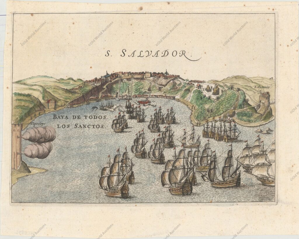 S. Salvador, Leti, Gregorio This nicely engraved view shows the Dutch fleet in the Baya de Todos los Sanctos attacking the town of San Salvador and the Portuguese merchant fleet in 1624. The buildings are clustered on a crest of the bay.