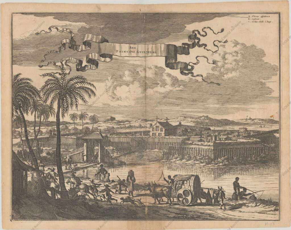 Gravura de Olinda de 1671 A obra de Montanus foi talvez o maior livro ilustrado sobre o Novo Mundo produzido no século XVII. Continha mais de cem placas, vistas e mapas lindamente gravados da América do Norte e do Sul. As placas retratam vividamente fortes, festivais, ocupações, frotas holandesas, batalhas, ritos religiosos e costumes dos habitantes nativos. Esta importante obra foi traduzida para o alemão por Olivier Dapper e para o inglês por John Ogilby. Várias das placas foram posteriormente adquiridas por Pierre Vander Aa. Vista impressionante do Forte William holandês no Rio Afagados com sua igreja central e fortes paliçadas. Olindia está localizada em um morro ao fundo. O Forte Príncipe Guilherme fazia parte das defesas holandesas de Pernambuco. Esta gravura detalhada foi inspirada em uma pintura de 1639 do célebre pintor holandês Frans Post.