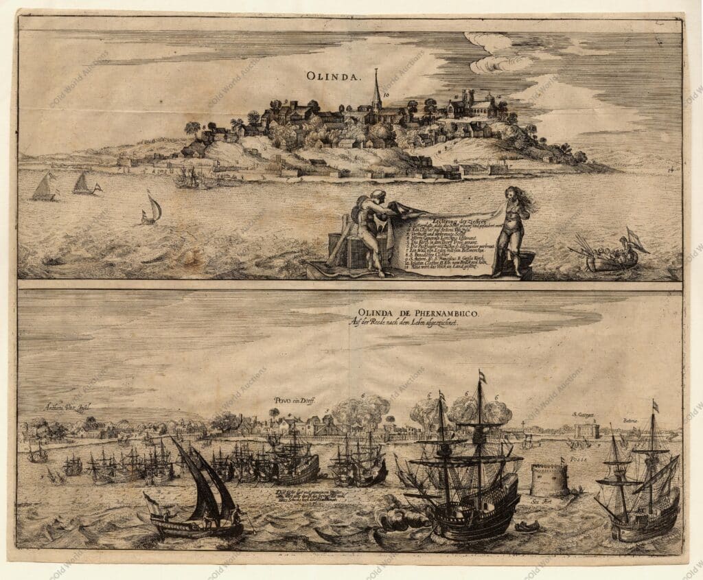 Duas plantas das colônias açucareiras portuguesas no Brasil durante a invasão holandesa em 1630. A vista superior mostra a cidade de Olinda com duas figuras em primeiro plano exibindo um pano no qual estão expostas a chave com quatorze nomes de prédios. Abaixo, uma visão offshore mostra a frota holandesa atacando o porto e o forte. "Olinda [on sheet with] Olinda de Phernambuco", Merian, Matthaus