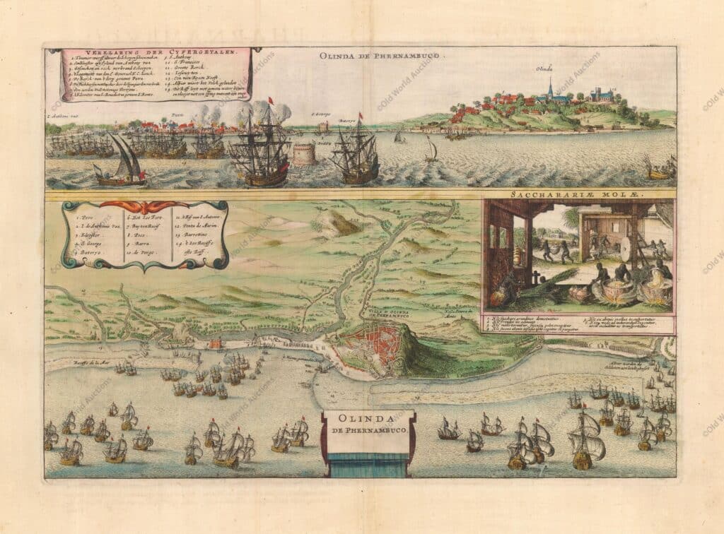 Gravura de Olinda de 1640 Essa gravura de Olinda de 1640 contém duas vistas das colônias açucareiras portuguesas no Brasil durante a invasão holandesa em 1630. A vista superior mostra a frota holandesa atacando o porto e o forte. Abaixo está uma planta da cidade de Olinda e seus arredores com uma visão interna das operações de uma usina de açúcar. Ambas as visualizações contêm cartuchos decorativos exibindo a chave para locais importantes. "Olinda de Phernambuco", Jansson, Jan