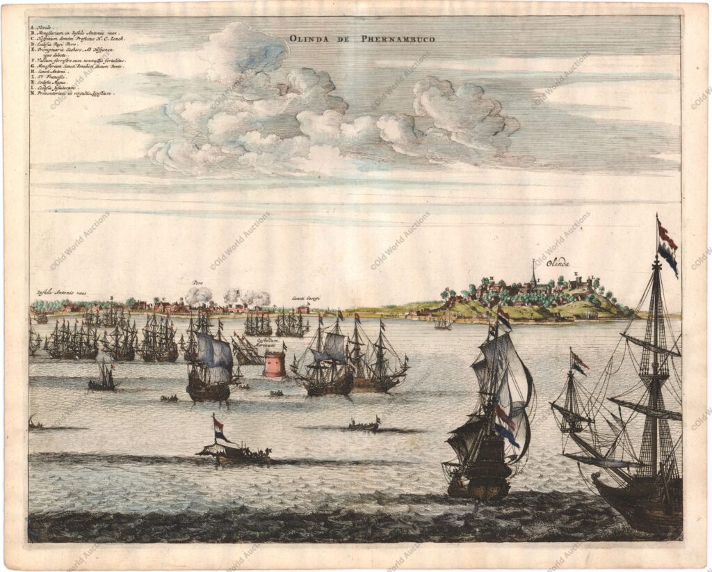 Gravura de Olinda de 1671 A obra de Montanus foi talvez o maior livro ilustrado sobre o Novo Mundo produzido no século XVII. Continha mais de cem placas, vistas e mapas lindamente gravados da América do Norte e do Sul. As placas retratam vividamente fortes, festivais, ocupações, frotas holandesas, batalhas, ritos religiosos e costumes dos habitantes nativos. Esta importante obra foi traduzida para o alemão por Olivier Dapper e para o inglês por John Ogilby. Várias das placas foram posteriormente adquiridas por Pierre Vander Aa. Esta esplêndida vista ilustra o ataque holandês à cidade portuguesa de Olinda em 1630. Durante a maior parte do século XVII, Portugal e Holanda fizeram um acordo comercial em que as colônias portuguesas no Novo Mundo produziam açúcar e os holandeses o distribuíam pela Europa usando seus vasta rede comercial. Após a fusão dos reinos de Portugal e Espanha, os holandeses perderam o monopólio da distribuição e criaram a Companhia das Índias Ocidentais em 1621. Pouco depois os holandeses iniciaram seu ataque a Pernambuco, primeiro em Salvador e depois em Olinda. "Olinda de Phernambuco", Montanus, Arnoldus