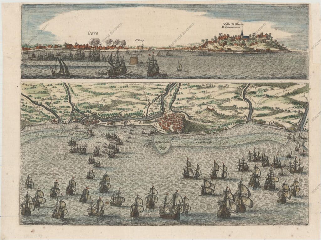 Essas esplêndidas vistas ilustram o ataque holandês à cidade portuguesa de Olinda em 1630. Durante a maior parte do século XVII, Portugal e Holanda fizeram um acordo comercial em que as colônias portuguesas no Novo Mundo produziam açúcar e os holandeses o distribuíam pela Europa usando seus vasta rede comercial. Após a fusão dos reinos de Portugal e Espanha, os holandeses perderam o monopólio da distribuição e criaram a Companhia das Índias Ocidentais em 1621. Pouco depois os holandeses iniciaram seu ataque a Pernambuco, primeiro em Salvador e depois em Olinda. Do alto, a vista do Povo (que depois se transformou em Recife) e Olinda vista do mar. Ao fundo, uma grande vista panorâmica da região repleta de navios, alguns em batalha, e a cidade do Povo já em chamas. "[Povo [with] Villa d Olinda d Pernambuco]", Leti, Gregorio