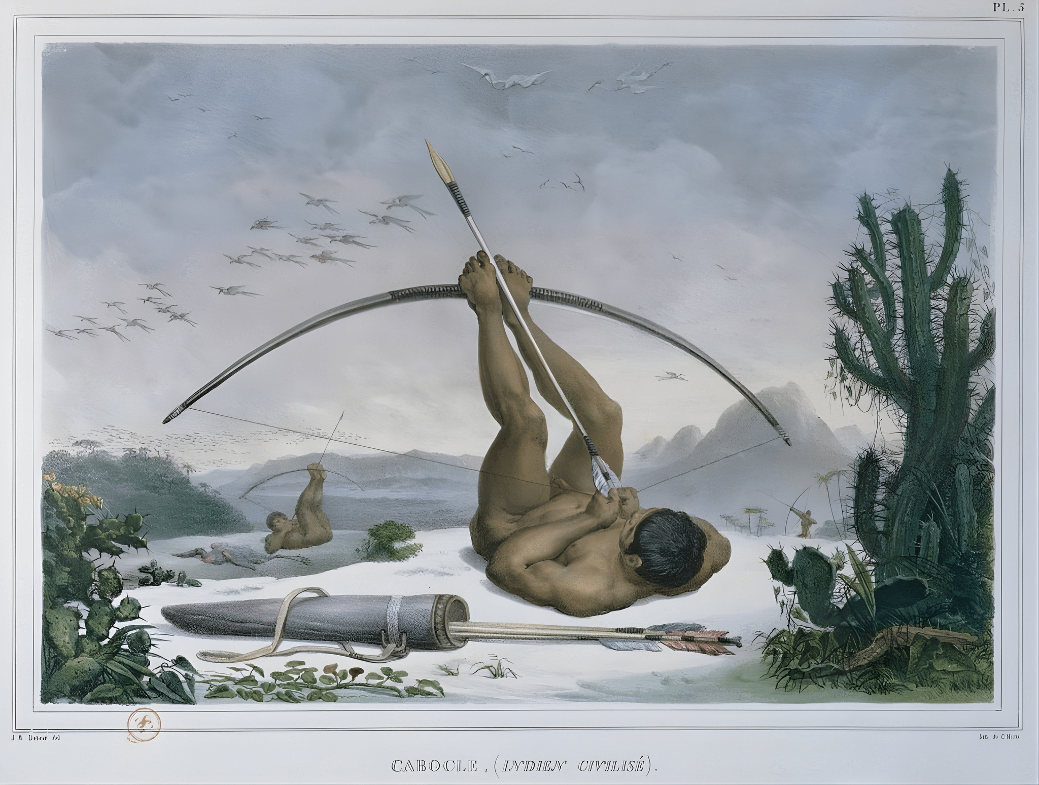 Cabocle Indian hunting birds with a bow and arrow, from Voyage Pittoresque et Historique au Bresil, published in 1839, Jean-Baptiste Debret. Cabocle Indian hunting birds with a bow and arrow, from Voyage Pittoresque et Historique au Bresil, published in 1839, Jean-Baptiste Debret.