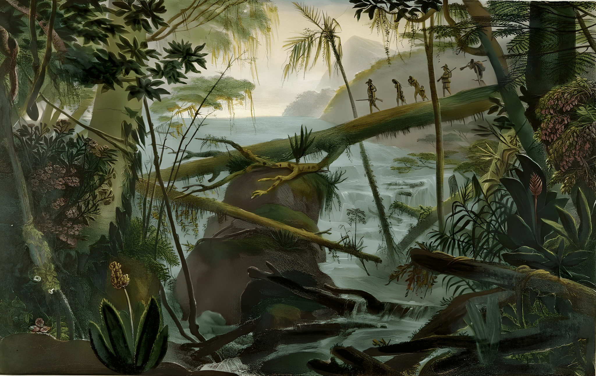 Indians using a Fallen Tree-trunk to Cross the Rio Paraiba do Sul, illustration from 'Voyage Pittoresque et Historique au Bresil' by Jean-Baptiste Debret (1768-1848), published in Paris, 1839. Indians using a Fallen Tree-trunk to Cross the Rio Paraiba do Sul, illustration from 'Voyage Pittoresque et Historique au Bresil' by Jean-Baptiste Debret (1768-1848), published in Paris, 1839.
