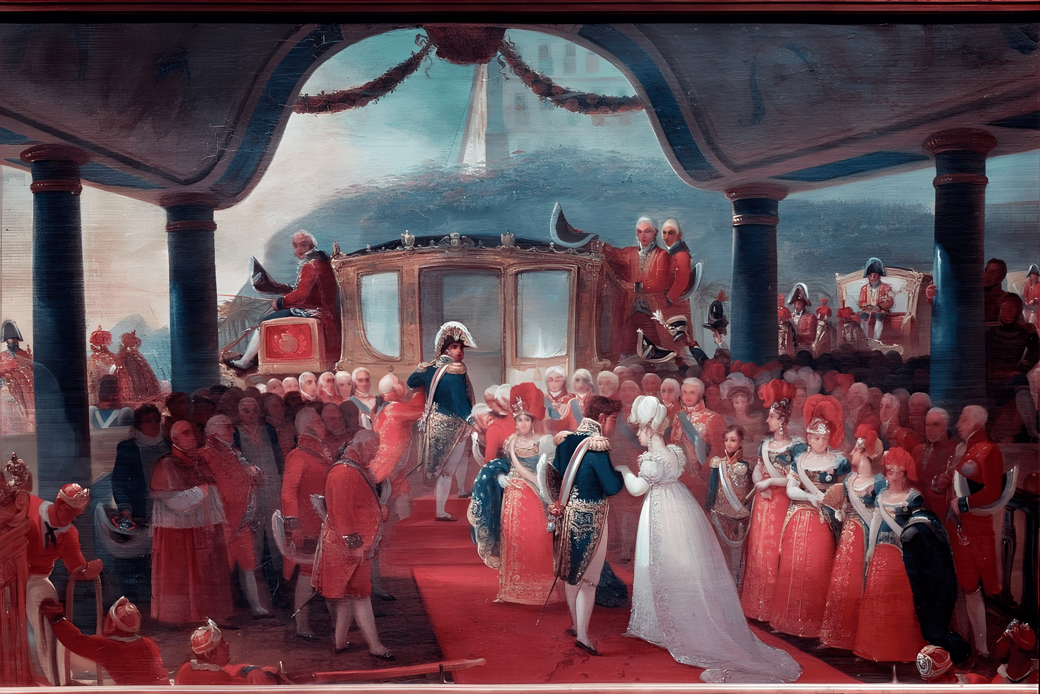 Jean-Baptiste Debret - A chegada de Maria Leopoldina de Habsburgo-Lorena (Habsburgo Lorraine) ou Áustria (1797-1826) ao Rio de Janeiro em 1817, para se casar com o Imperador Pedro I do Brasil Os dois noivos são representados acompanhados pelo Rei João VI de Portugal (João VI conhecido como o Cle Jean-Baptiste Debret - A chegada de Maria Leopoldina de Habsburgo-Lorena (Habsburgo Lorraine) ou Áustria (1797-1826) ao Rio de Janeiro em 1817, para se casar com o Imperador Pedro I do Brasil Os dois noivos são representados acompanhados pelo Rei João VI de Portugal (João VI conhecido como o Cle