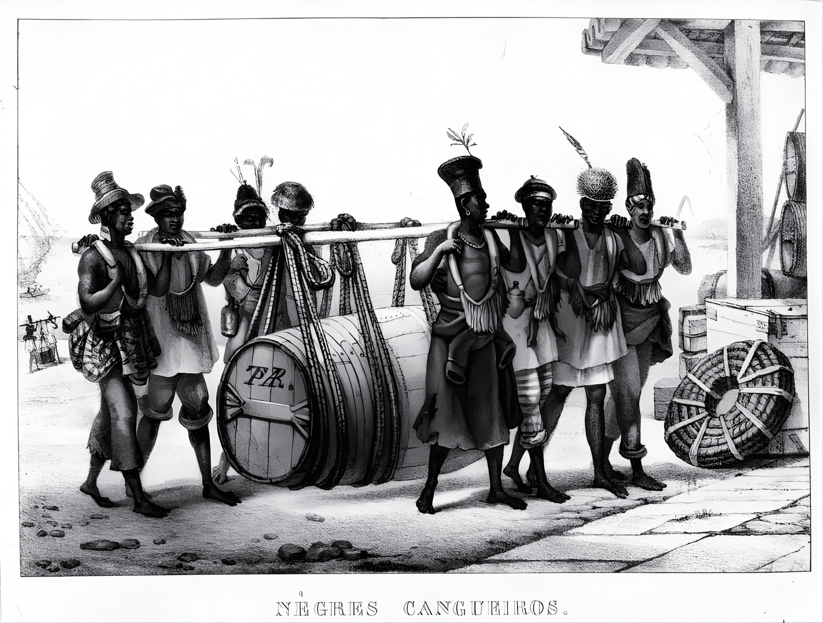 Jean-Baptiste Debret - 'Black Cangueiros' - Black Porters carry a Cask, engraved by Thierry Freres (fl.1827-45), 1835 Jean-Baptiste Debret - 'Black Cangueiros' - Black Porters carry a Cask, engraved by Thierry Freres (fl.1827-45), 1835