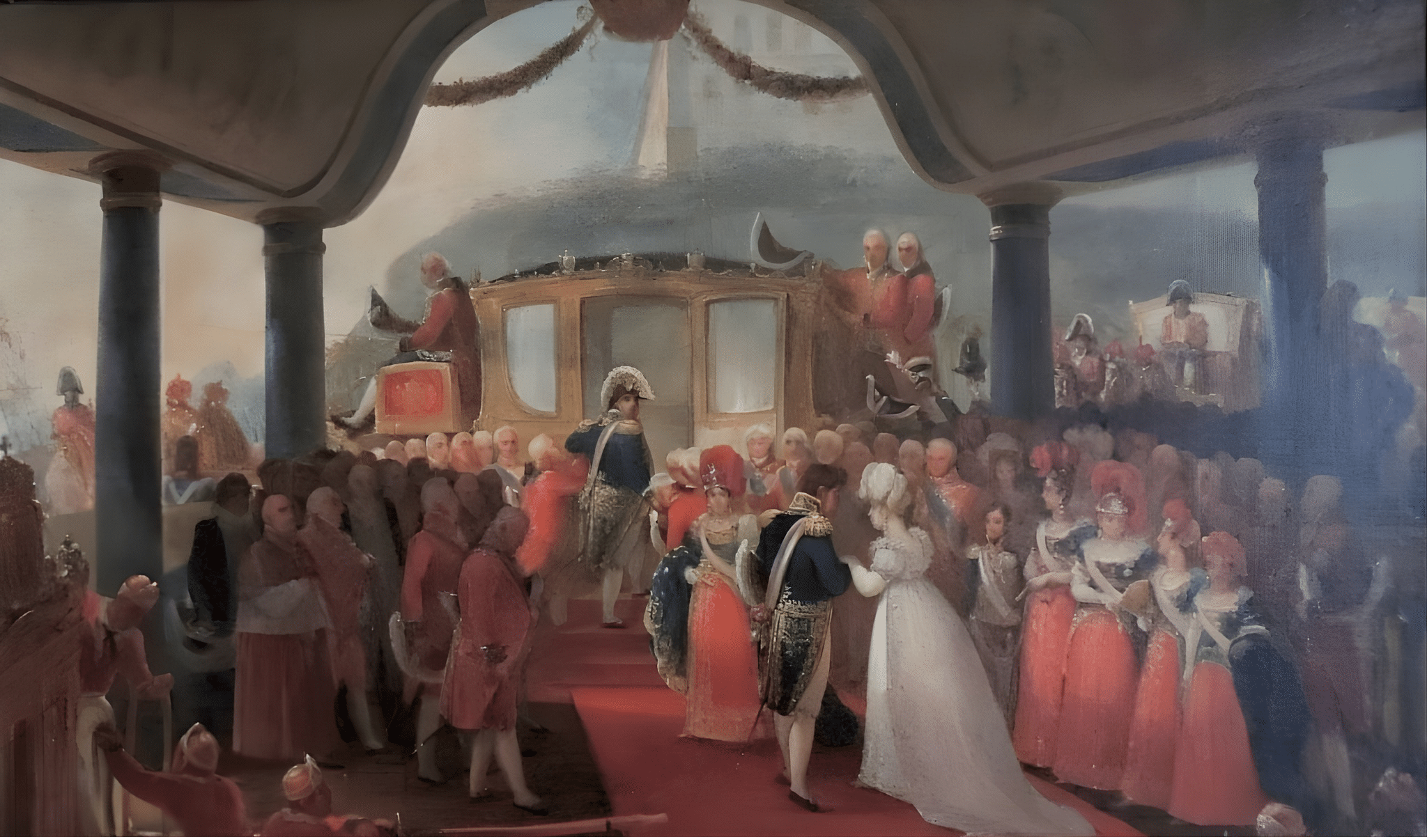 A chegada de Maria Leopoldina de Habsburgo-Lorena (Habsburgo Lorraine) ou Áustria (1797-1826) ao Rio de Janeiro em 1817, para se casar com o Imperador Pedro I do Brasil Os dois noivos são representados acompanhados pelo Rei João VI de Portugal (João VI conhecido como o Cle A chegada de Maria Leopoldina de Habsburgo-Lorena (Habsburgo Lorraine) ou Áustria (1797-1826) ao Rio de Janeiro em 1817, para se casar com o Imperador Pedro I do Brasil Os dois noivos são representados acompanhados pelo Rei João VI de Portugal (João VI conhecido como o Cle