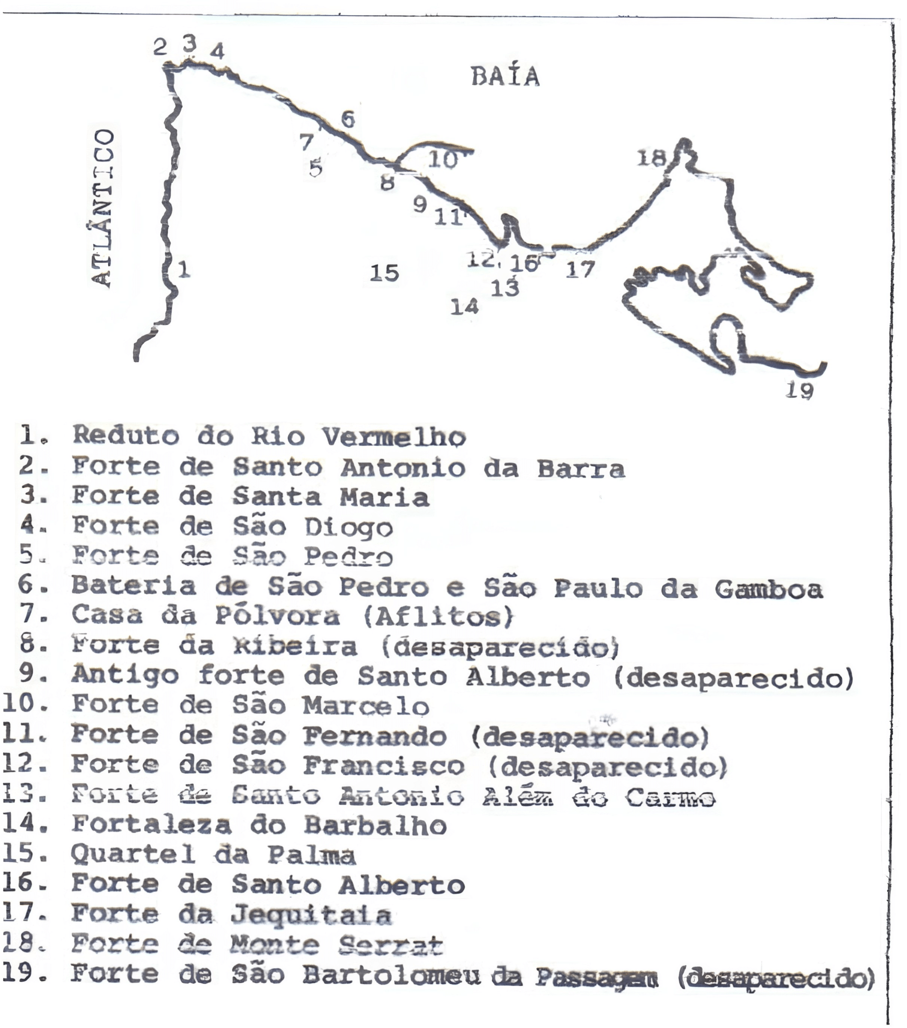 Mapa da localização dos fortes de Salvador da Bahia Mapa da localização dos fortes de Salvador da Bahia