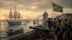 Cena naval e de fortificação realista mostrando embarcações e o Forte de São Lourenço durante ações da Independência da Bahia.