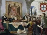 Esta pintura do século 15 ilustra como o Tratado de Tordesilhas foi assinado