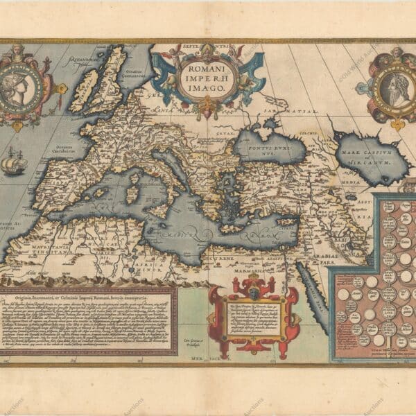 "Romani Imperii Imago", Ortelius, Abraham - Mediterranean, Roman Empire, 1584 - Dramatic map of the Roman Empire centered on the Mediterranean and covering most of Europe, Northern Africa, and the Near and Middle East. The map is richly decorated with several strapwork cartouches, two containing portraits of Remus and Romulus, the founder of Rome. The cartouches in the lower section of the map contain an account of Roman history at left and a large genealogical tree of the rulers of Rome at righthistory at left and a large genealogical tree of the rulers of Rome at right.