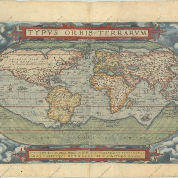 This is the first (of three) world maps that was included in Ortelius' famous atlas. It is a simplified reduction of Mercator's influential map of 1569 presented on an oval projection rather than the projection for which Mercator is now famous. From surviving correspondence, it is known that Mercator encouraged Ortelius and provided him with information, particularly with coordinates of places in the Americas. Placed on a cloud background, the map shows North America as much too wide and South America retains the unusual bulged southwestern coastline. At the poles, a prominent Northwest Passage snakes its way south of the four islands making up the arctic regions, and a huge Terra Australis Nondum Cognita makes up the imaginary southern continent. A notation next to New Guinea notes that it is unknown if this large island is a part of the southern continent. The title is in a strapwork banner at top, which is balanced with a quotation from Cicero at bottom. This superb map was engraved by Frans Hogenberg with his signature at bottom. The plate was used for the first 16 editions of the Theatrum. A crack developed in the lower left corner from 1570 onward. This example shows evidence of bolt impressions from repair work on the crack.