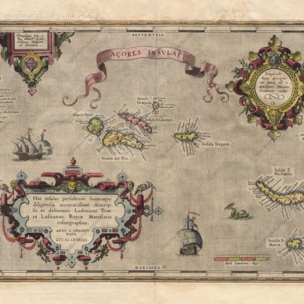 Map of the Azores from 1584 - Map of the Azores based on the cartography of Luis Teixeira. The islands are shown in good detail and the map is richly embellished with three large ornate cartouches, a title banner, sailing ships and a sea monster. "Acores Insulae", Ortelius, Abraham. Publication: Theatrum Orbis