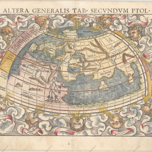 Sebastian Munster (1489 - 1552) was one of the three most renowned cartographers of the sixteenth century, along with Mercator and Ortelius. Munster's Geographia and Cosmographia Universalis were two of the most widely read and influential books of the period. His editions of Ptolemy's Geographia, published between 1540 and 1552, were illustrated with 48 woodcut maps, the standard 27 Ptolemaic maps supplemented by 21 new maps. These new maps included a separate map of each of the known continents and marked the development of regional cartography in Central Europe. The antique geography was a prelude to Munster's major work, the Cosmographia, which was published in nearly 30 editions in six languages between 1544 and 1578 and then was revised and reissued by Sebastian Petri from 1588 to 1628. The Cosmographia was a geographical as well as historical and ethnographic description of the world. It contained the maps from the Geographia plus additional regional maps and city views with nearly 500 illustrations which made it one of the most popular pictorial encyclopedias of the sixteen century. Clouds and twelve named wind heads surround Munster’s woodblock world map. It displays the prevailing conception of the world geography prior to the discovery of the New World and according to Claudius Ptolemy. The continents are oddly shaped and all connected by a great southern continent Terra Incognita Secundum Ptolemaeum. There is a very large Taprobana (modern day Sri Lanka) in the enclosed Indian Ocean, and the Indian subcontinent is severely truncated. Only the northern part of Africa is shown with the Nile originating from a series of lakes in a large mountain range. There is a fine vertical crack line across the right-hand part of the map, which is present in nearly all editions.