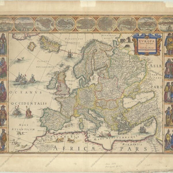 Map of Europe from 1644 (circa) This classic map of Europe is presented in the carte-de-figures style with vignettes on three sides. The upper frieze has nine bird's-eye views of Amsterdam, Prague, Constantinople, Venice, Rome, Paris, London, Toledo and Lisbon. The side borders contain the costumes of the noblemen and women of ten European nations. The map is embellished with sailing ships, sea monsters, bears and Neptune riding a dolphin and holding his trident. A beautiful map produced at the height of the Golden Age of Dutch mapmaking; it was included in the first volume of Blaeu's magnificent atlas. Latin text on verso, published between 1644-55. Publication: Theatrum Orbis Terrarum - Blaeu's Carte-a-Figures Map of Europe - "Europa Recens Descripta", Blaeu, Willem
