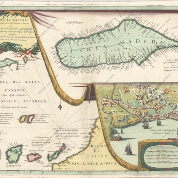 Map of Madeira and the Canary Islands, c. 1692 - Map details the Canary Island group on the left side of the map. The map is filled with rhumblines, fleur-de-lis and many notations and includes a portion of the African coastline. With two large inset charts filling the right half resting on a tasseled drapery background. The upper inset is a detailed chart of the island of Madeira, a volcanic archipelago in the North Atlantic north of the Canary Islands. The town of Madera (Fanchal) is shown below in a birds eye view that includes several ships in the harbor with the fortified town at the shore. The map is very decorative and beautifully engraved in Coronelli's characteristic style. Dedicated to Alvise da Mosto, "Procr di S. M. Sauio Grande." Blank verso. Vincenzo Coronelli was a Franciscan priest and renowned mathematician and cartographer. He was appointed official Cosmographer to the Venetian Republic in 1685 and founded the world's earliest geographic society, L'Accademia Cosmografica degli Argonauti. "Isole Canarie Possedutte da S.M. Cattolica...", Coronelli, Vincenzo Maria. - Publication: Atlante Veneto
