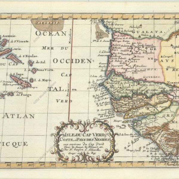 Map of West Africa and the Cape Verde Islands, 1699 - Map of the important Cape Verde Islands and the opposite African coast from Cap Blanc to Sierra Leone. There is a lot of detail along the African coastline, with numerous cities, capes, rivers, and more identified. A fancy decorative title cartouche adorns the bottom of the map. Sanson's small maps from his L'Afrique en Plusieurs Cartes..., first published in 1656 and engraved by A. Peyrounin, were copied several times by various map publishers. Johann David Zunners made copies of Sanson's maps for his German translation of Die Gantze Erd-Kugel in 1679. Johannes Ribbius and Simon de Vries published copies in 1682 and 1683, with new maps engraved by Antoine d'Winter. The plates were later sold to Francois Halma, who used them in 1699 and then again in 1705 with the titles re-engraved in Dutch. The titles on the d'Winter plates were re-engraved back into French, and then used by Nicholas Chemereau in 1715 and by Henri du Sauzet in 1738. "Isles du Cap Verd Coste, et Pays des Negres aux Environs du Cap Verd...", Sanson, Nicolas