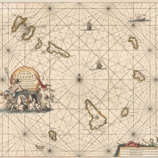 Map of the Cape Verde Islands, 1697 - A large copper engraved sea chart of the Cape Verde Islands. A beautiful decorative title cartouche with a sea shell surrounds the title that rests above a scene of Poseidon, mermaids and horses. The chart is further adorned with two sailing ships and a distance scale at bottom right featuring sea-boys and fish. Publication: De Nieuwe Groote Lichtende Zee-Fakkel "Nieuwe Paskaart van de Zoute Eylanden...", Keulen, Johannes van
