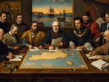 Cena histórica detalhada: assinatura do Tratado de Tordesilhas (1494). No centro, uma mesa de madeira antiga coberta por pergaminhos e um grande mapa náutico do Atlântico mostrando as Ilhas de Cabo Verde; alguns homens vestidos em trajes finais do século XV — representantes portugueses (incluindo Dom João II em traje régio discreto) e espanhóis.