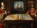 Ilustração histórica, estilo pintura a óleo realista, cena composta: ao centro um grande mapa náutico renascentista aberto sobre uma mesa de madeira — nele uma linha meridiana traçada a partir dos Açores/Cabo Verde e marcas de ‘100 léguas’. À esquerda, figura do Papa Alexandre VI em trajes papais ricos, segurando uma bula selada; à direita, dois monarcas espanhóis (Fernando e Isabel) em vestes régias, e ao fundo à esquerda, D. João II ou um embaixador português indignado. Em primeiro plano, um globo antigo, instrumentos náuticos (astrolábio, compasso) e uma caravela com velas desfraldadas vista por uma janela. Iluminação dramática tipo chiaroscuro, cores quentes e textura de pintura antiga, alta resolução, composição simétrica, atmosfera solene e tensa, detalhes históricos fiéis ao século XV.